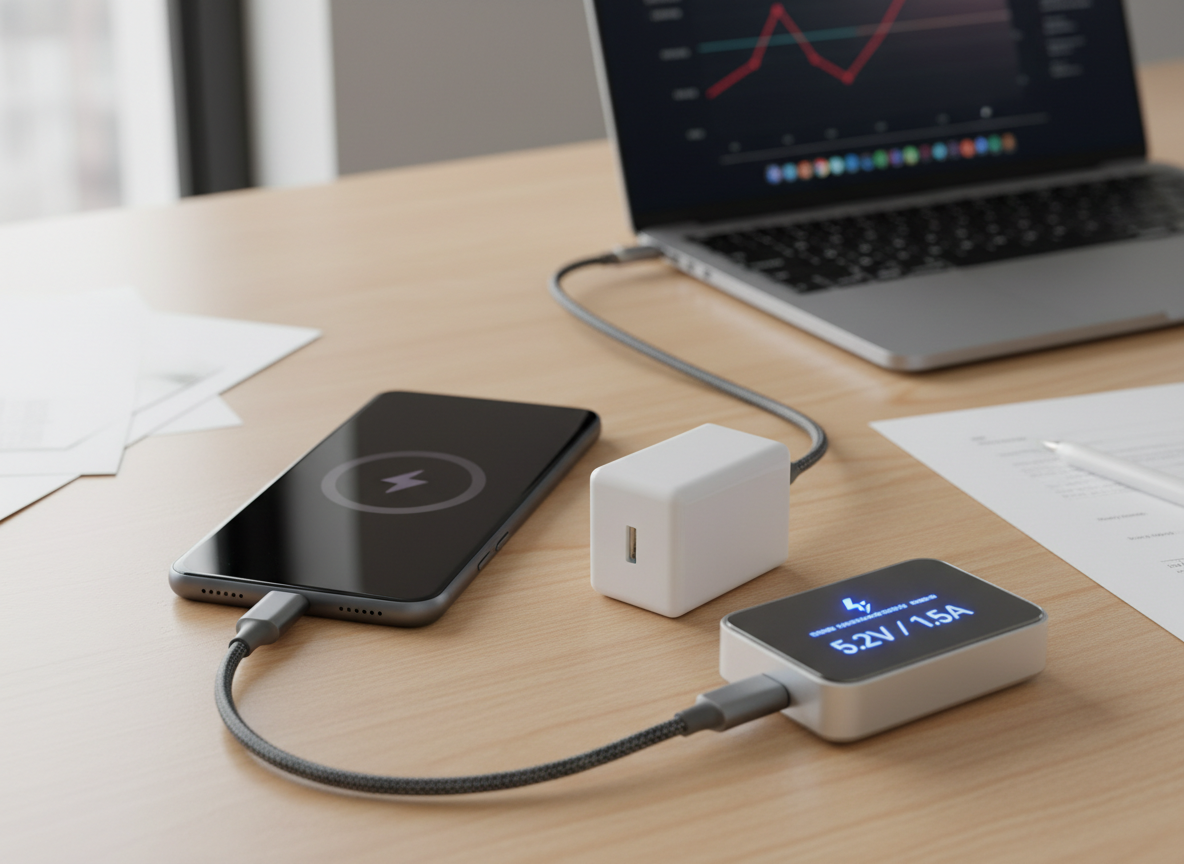 USB-C 케이블로 충전 중인 스마트폰 이미지